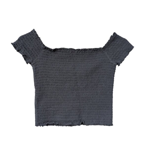 Garage Black Ruffle Hem Ribbed Stretchy Off the Shoulder Crop Top Women Medium - Picture 4 of 10